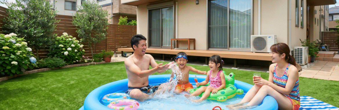 庭プールを快適に楽しむ工夫。人工芝やタイルデッキでお手入れを楽にする家づくり