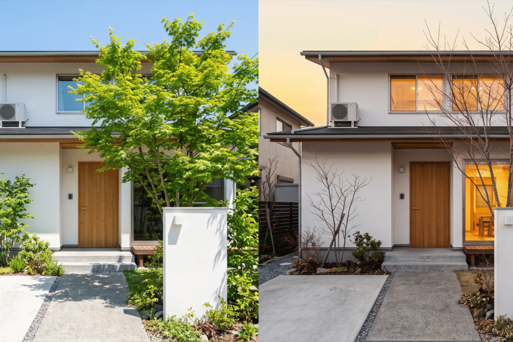 現代的な日本の2階建て住宅の、夏と冬の外観比較画像。左側は青空の下、緑豊かな落葉樹が緑のシェードを作る夏。右側は夕暮れ時、葉が落ちた裸の木と、窓から漏れる暖かい光が印象的な冬。