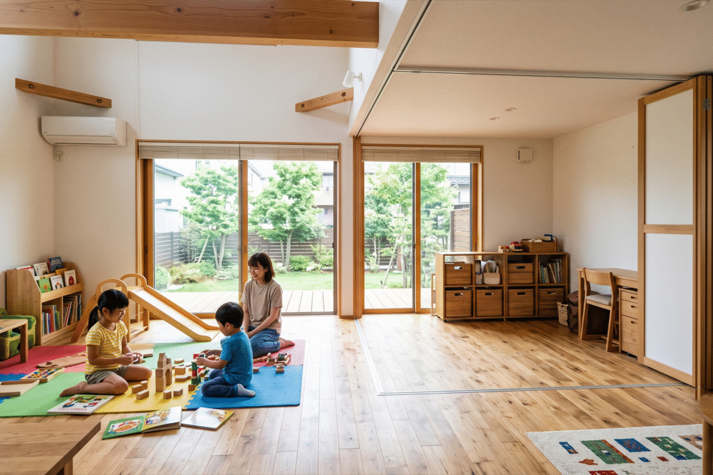 新築平屋の広々としたプレイルームで遊ぶ親子。天井と床には将来2つの子供部屋に区切るための可動間仕切りレールと収納扉が設置されている。