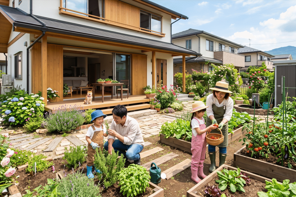 郊外の新築一戸建ての広い庭で、野菜やハーブの家庭菜園を楽しむ4人家族。母と娘がミニトマトを収穫し、父と息子がハーブを世話する様子。