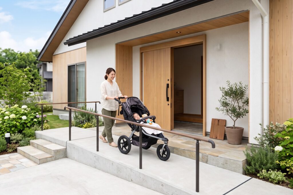 木目調の引き戸玄関と手すり付きスロープがあるモダンな一戸建てで、ベビーカーに乗せた赤ちゃんを押して玄関に向かう笑顔の母親。周りには綺麗な緑の植栽が広がっています。