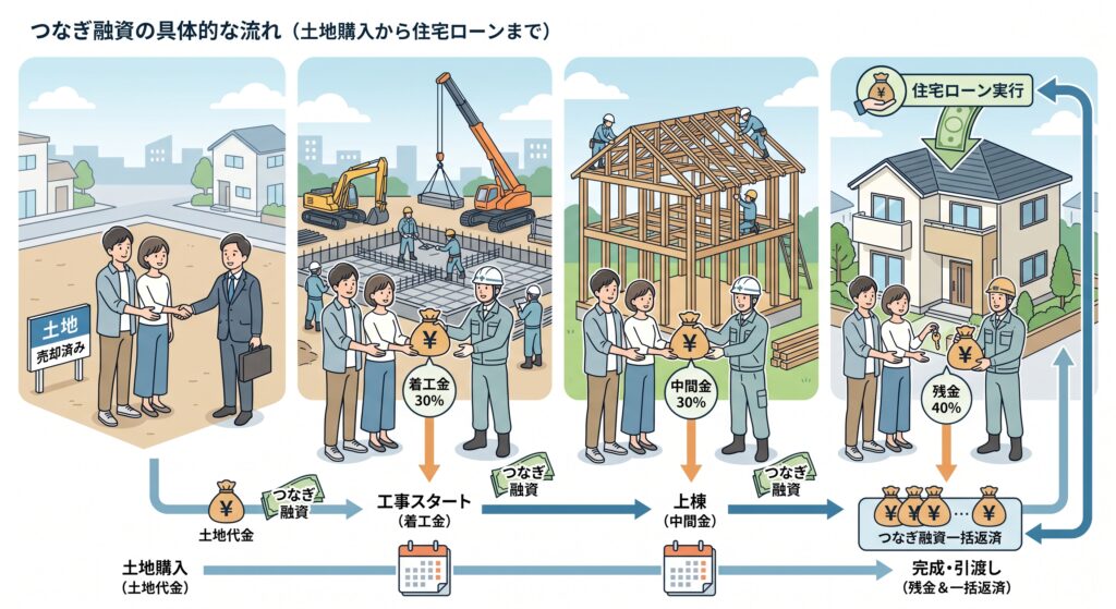 土地購入から住宅ローン実行までのつなぎ融資の流れを示す図解イラスト。土地代金、着工金30%、中間金30%をつなぎ融資で支払い、完成・引渡し時に残金40%の支払いとともに住宅ローンで一括返済する手順を解説しています。