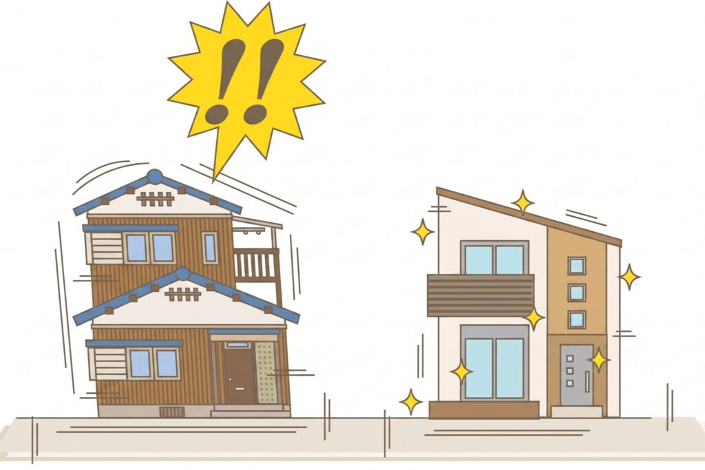 地震の揺れで激しく揺れ動く古い木造住宅と、大きな揺れに耐えて輝く現代的な耐震住宅を左右で比較したイラスト。耐震性の違いや地震対策の必要性を分かりやすく表現。