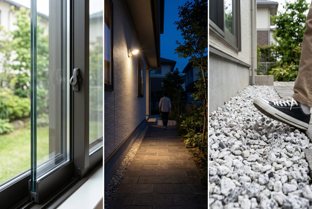 住宅の防犯対策を表す3枚組画像。左は頑丈な複層ガラスの窓、中央は夜間に人感センサーライトが灯る外構アプローチ、右は音が出る白系の防犯砂利を踏むスニーカーの足元の様子。