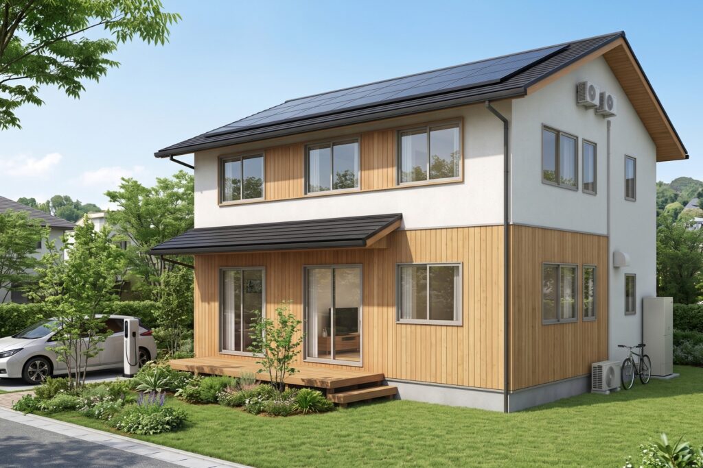 晴天下に建つ、白と木目調のスタイリッシュな2階建て住宅。黒い瓦屋根に太陽光パネルが搭載された長期優良住宅