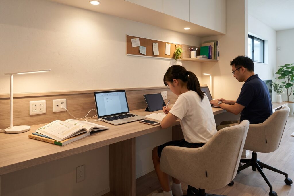 明るい木目調のカウンターデスクで勉強する女の子と、隣でパソコン作業をする父の様子