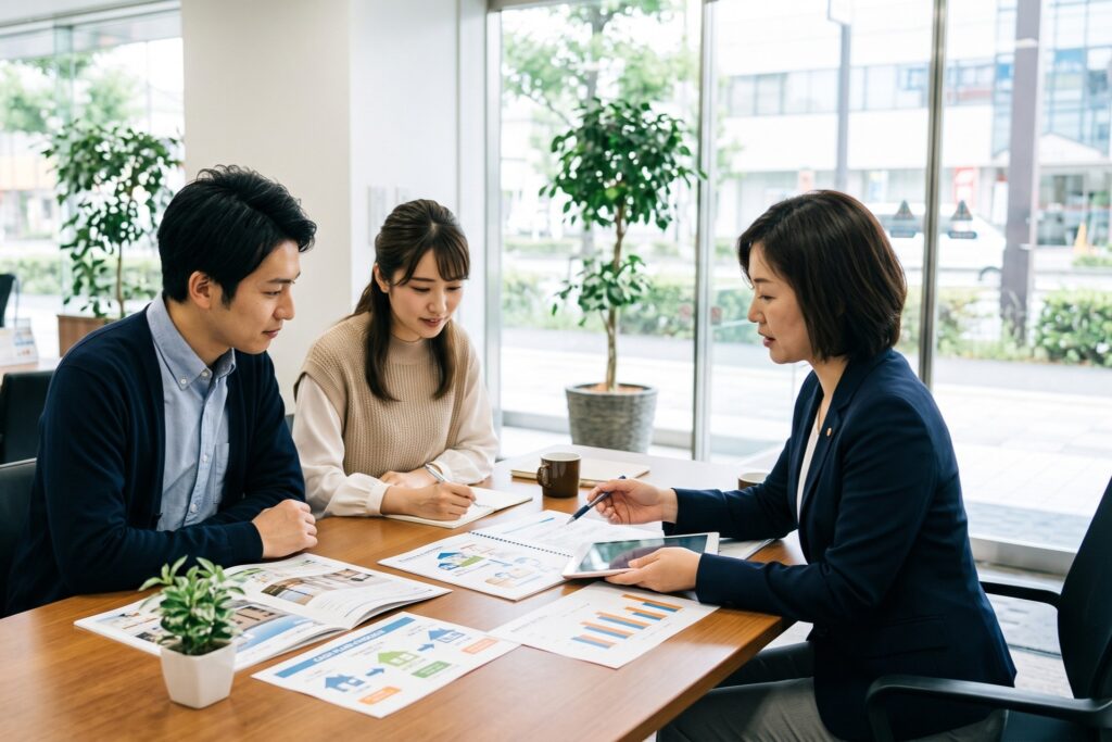日当たりの良いオフィスで、紺のジャケットを着た女性専門家が資料とタブレットを使い、若い夫婦に資金計画や住まいの無料相談を行っている様子。