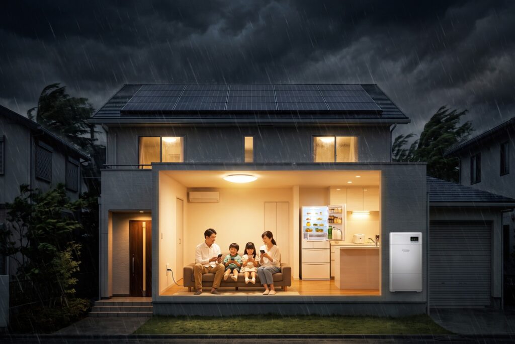 台風による停電時でも太陽光発電と家庭用蓄電池で明かりが灯る家の中で、安心して過ごす家族