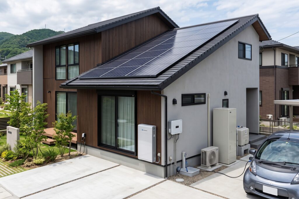 木目調とグレーの外壁が印象的なモダンな一戸建て住宅。屋根一面に設置された大容量の太陽光パネル、屋外の蓄電池やエコキュート、充電ケーブルで接続されたグレーの電気自動車(EV)が停まるV2H対応スマートハウスの外観。
