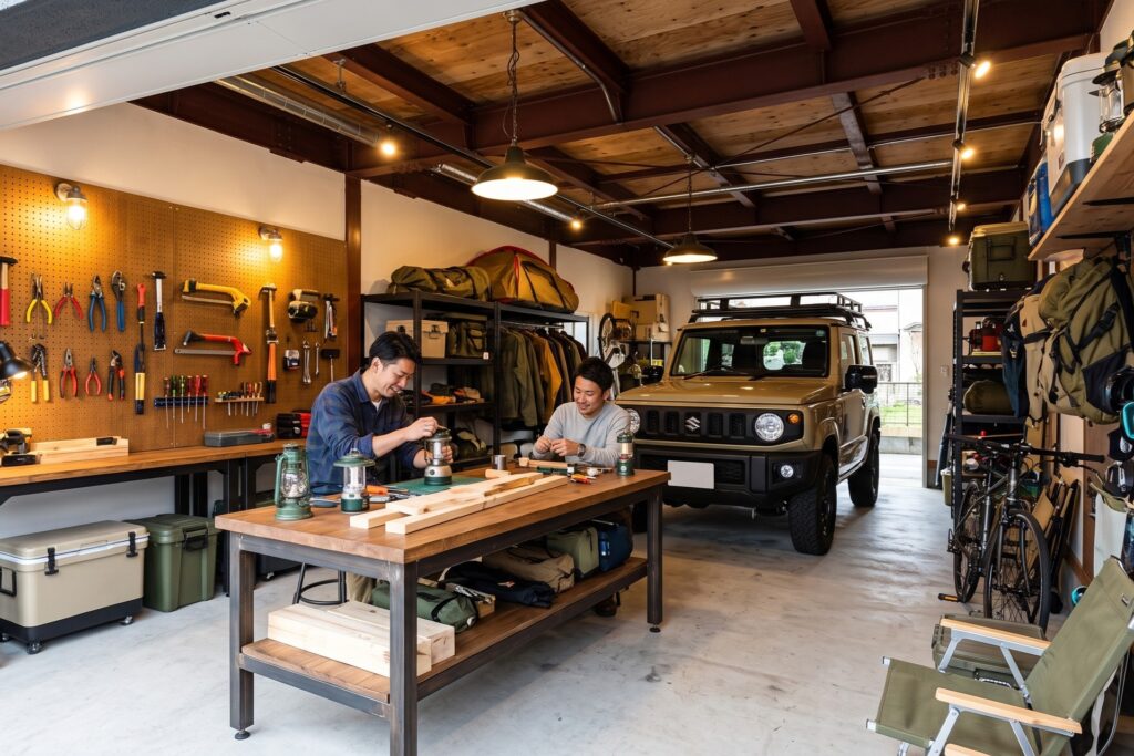 ガレージハウス内で、男性2人が作業テーブルでキャンプギアのメンテナンスをする様子。
