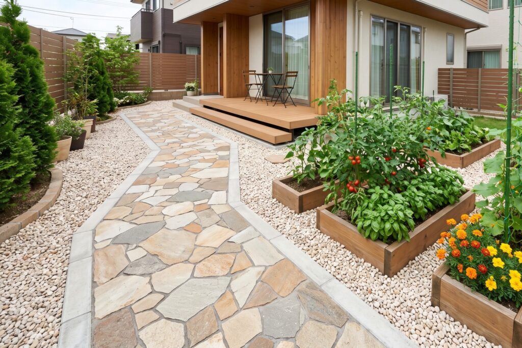 ウッドデッキと乱形石のアプローチがある住宅の庭。レイズドベッドの家庭菜園ではミニトマトやマリーゴールドが育てられています。
